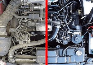 split screen showing dirty engine on left and clean engine on right